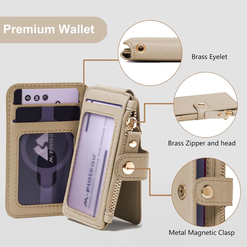 M-Plateau Wallet, Womens card Holder Leather Keychain Wallet With Zipper Coin Pocket ID Window Wrist Strap Gift Box (Khaki) - Image 2